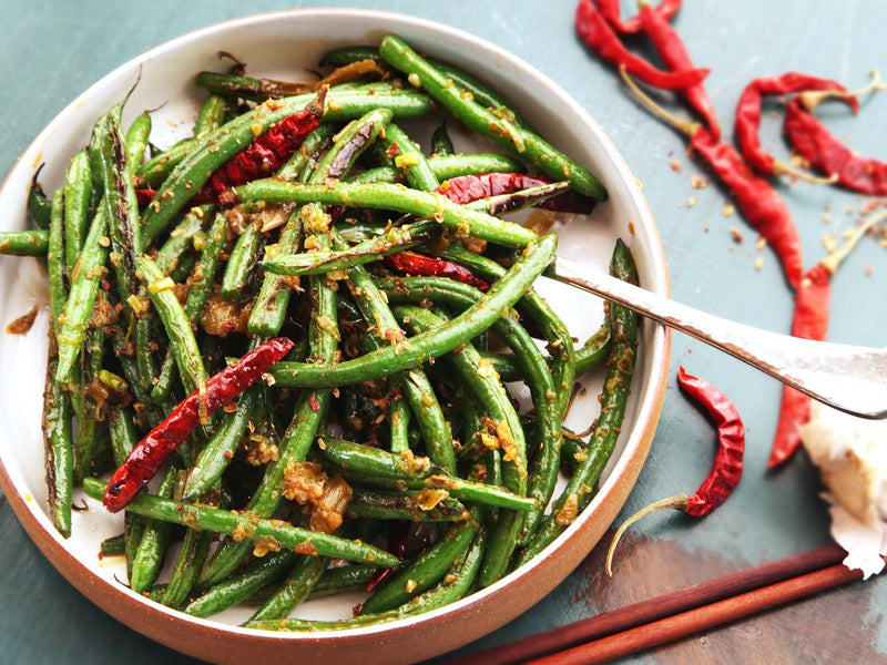 Spicy Air Fryer Asian Long Beans (with a Vegan Option)